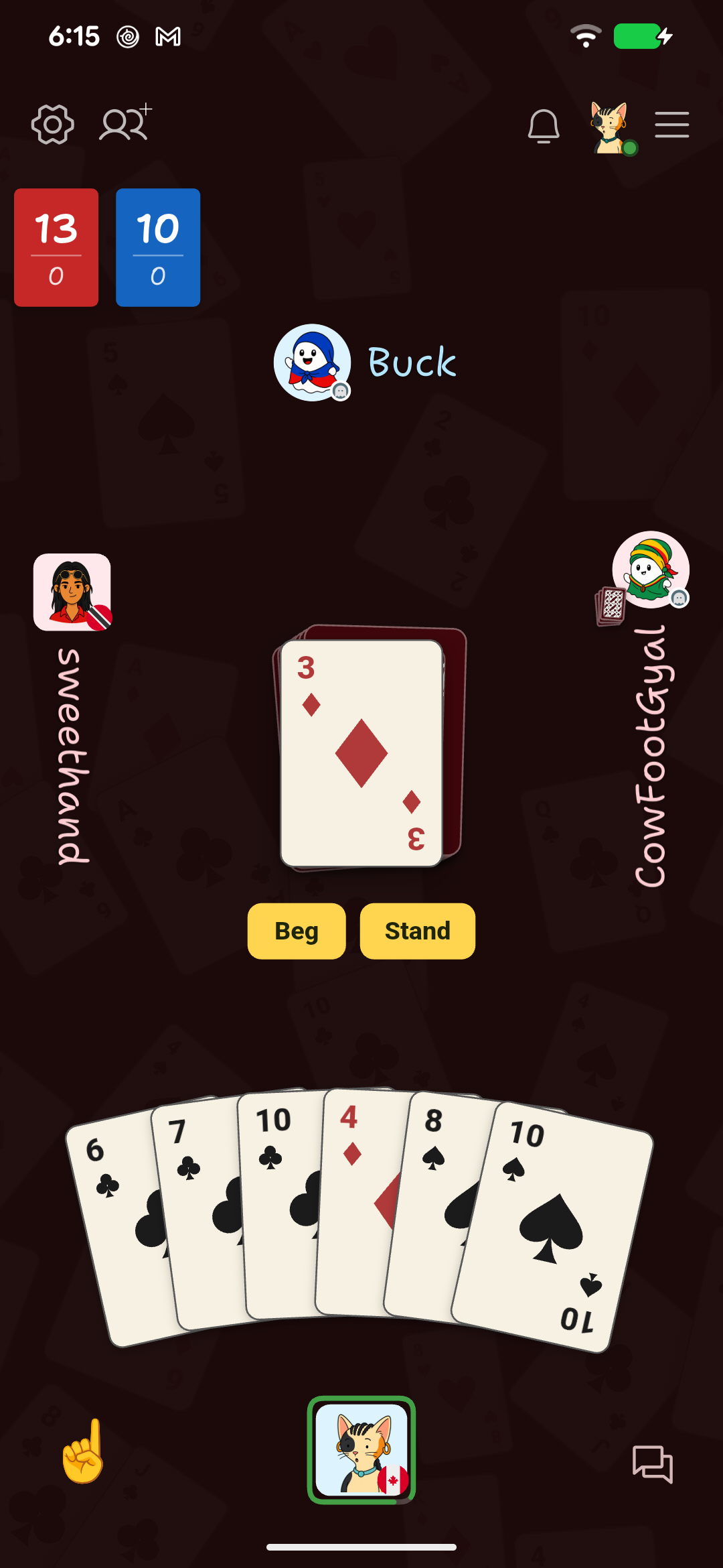 Beg or stand decision during a classic All Fours game