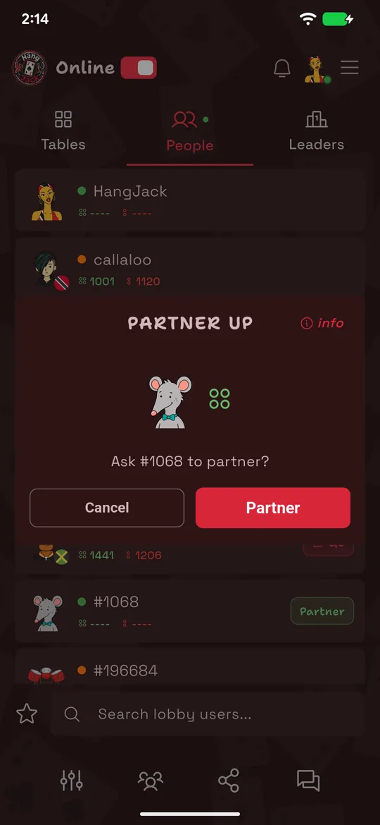 Diálogo para formar pareja en la pestaña Personas de HangJack