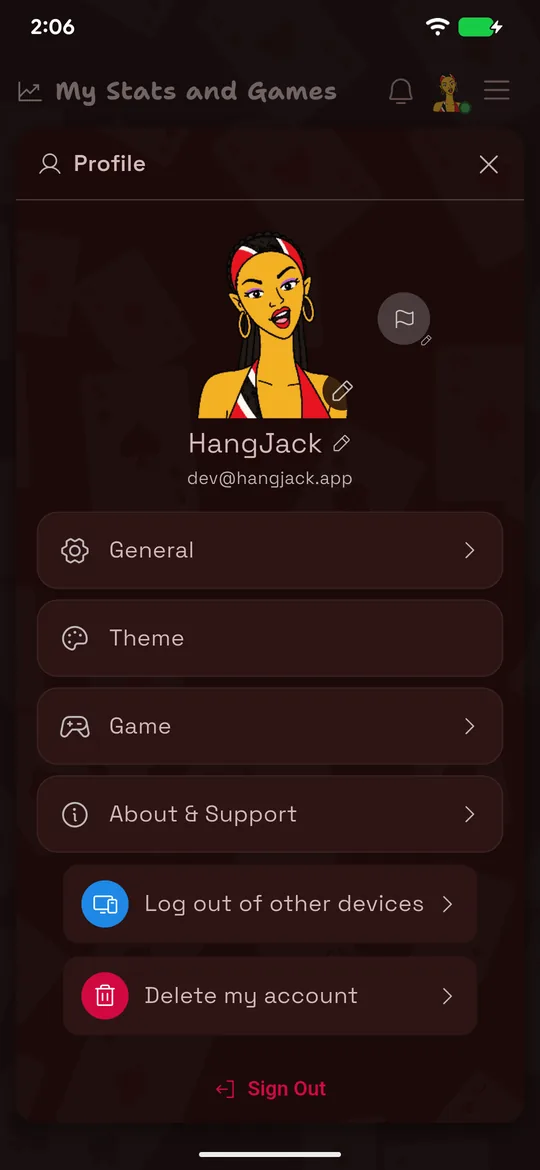 The HangJack profile and settings sheet