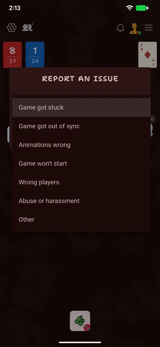 The HangJack report an issue reason list